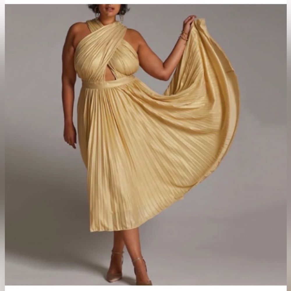 VERB by Pallavi Singhee Elegant HALTER Gold Pleated Dress - Picture 3 of 16